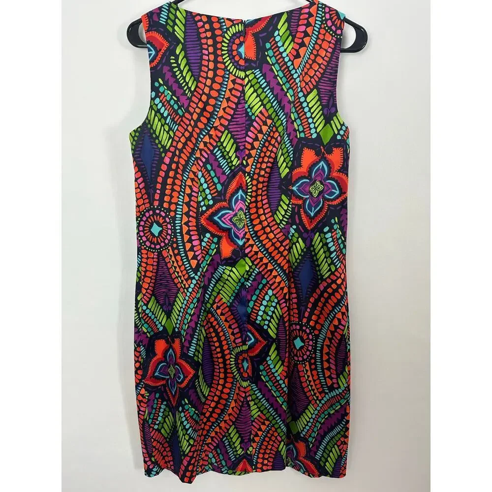 Y2K Vibrant Mosaic Sleeveless Sheath Dress Maximalist Mod 60s Psychedelic 12 L - Picture 5 of 11